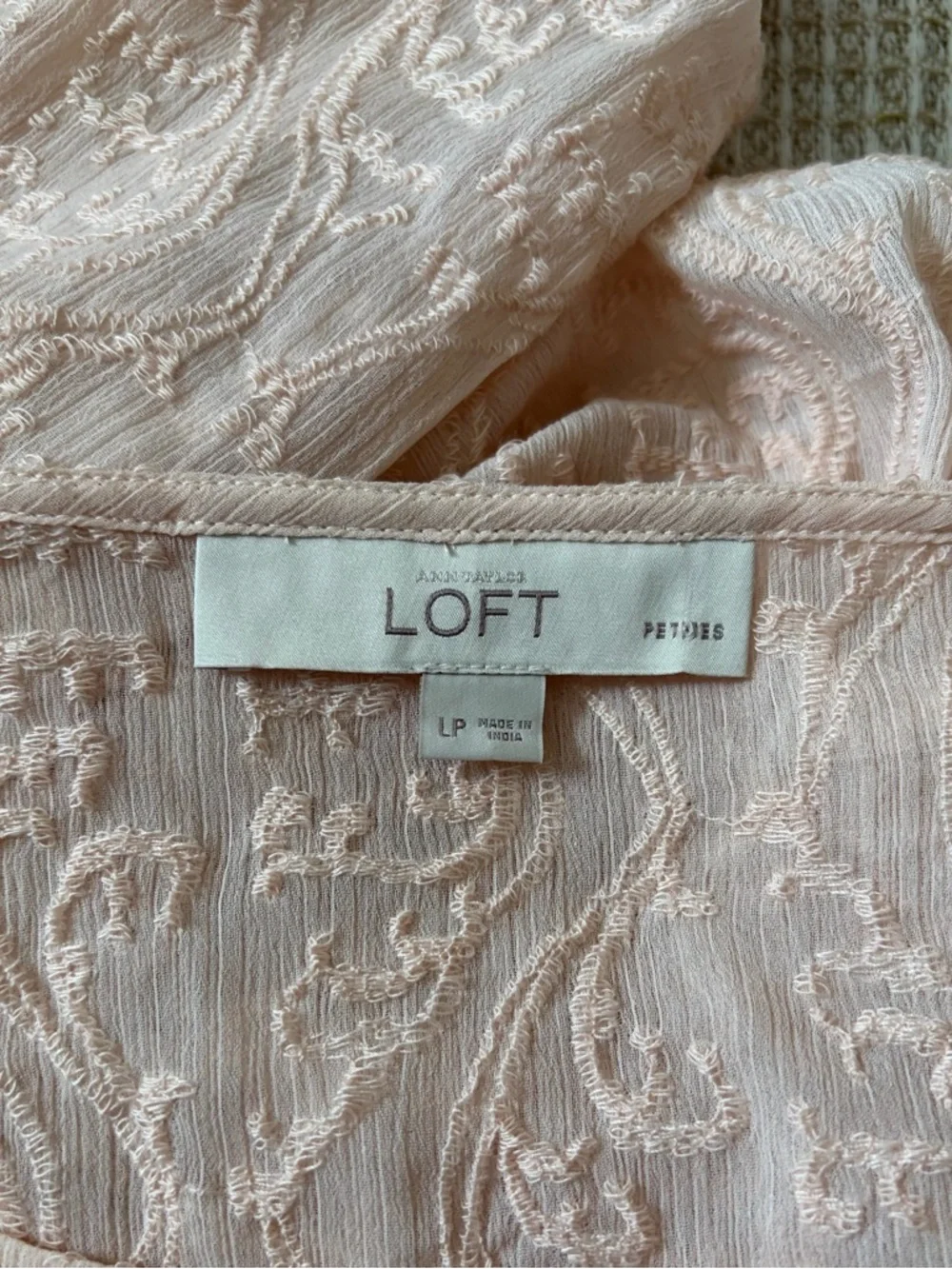 LOFT Light Pink Embroidered Semi Sheer Top Large Petite